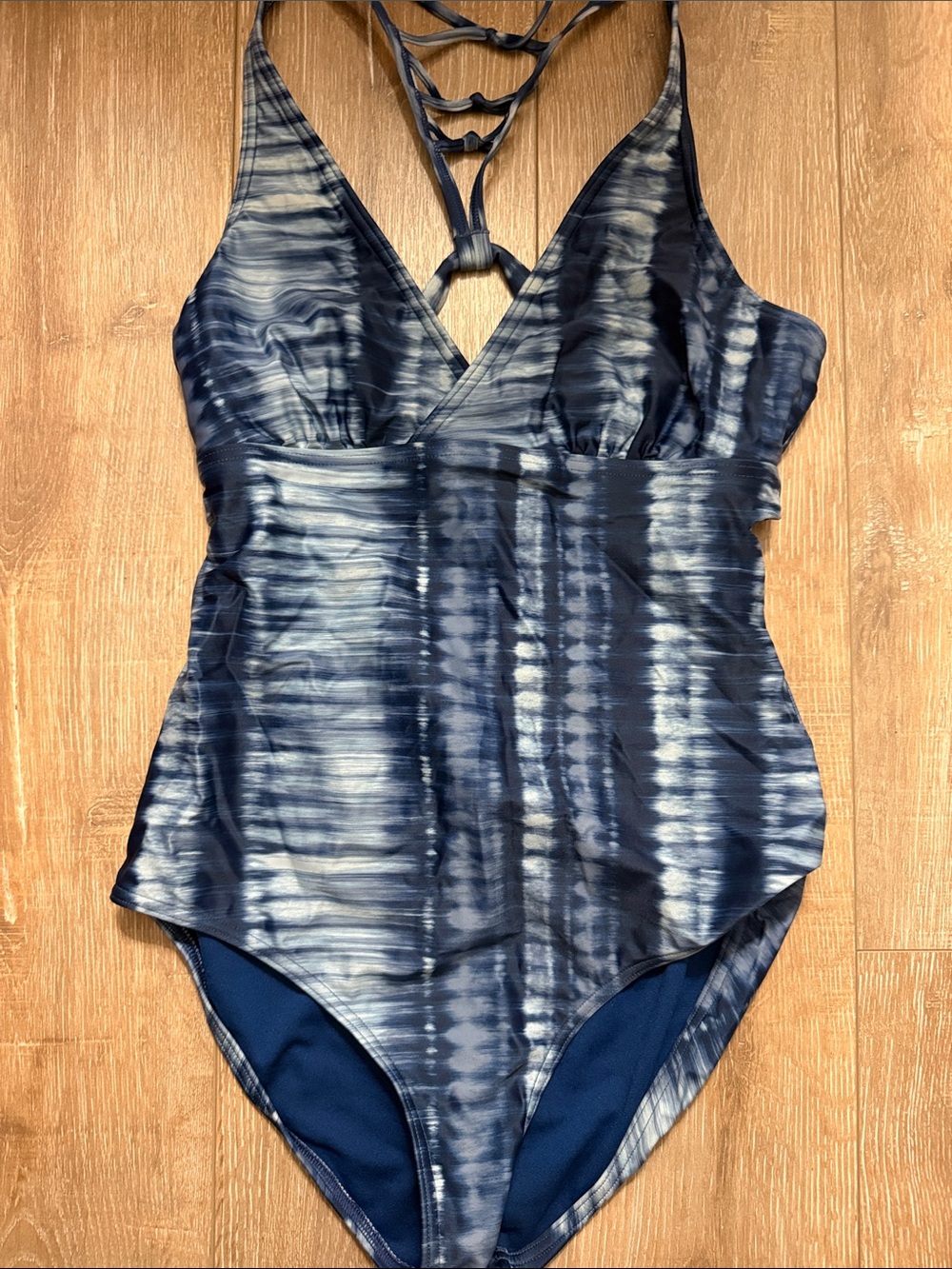 Prana Navy and White Tie-Dye One-Piece with Strappy Back Detail